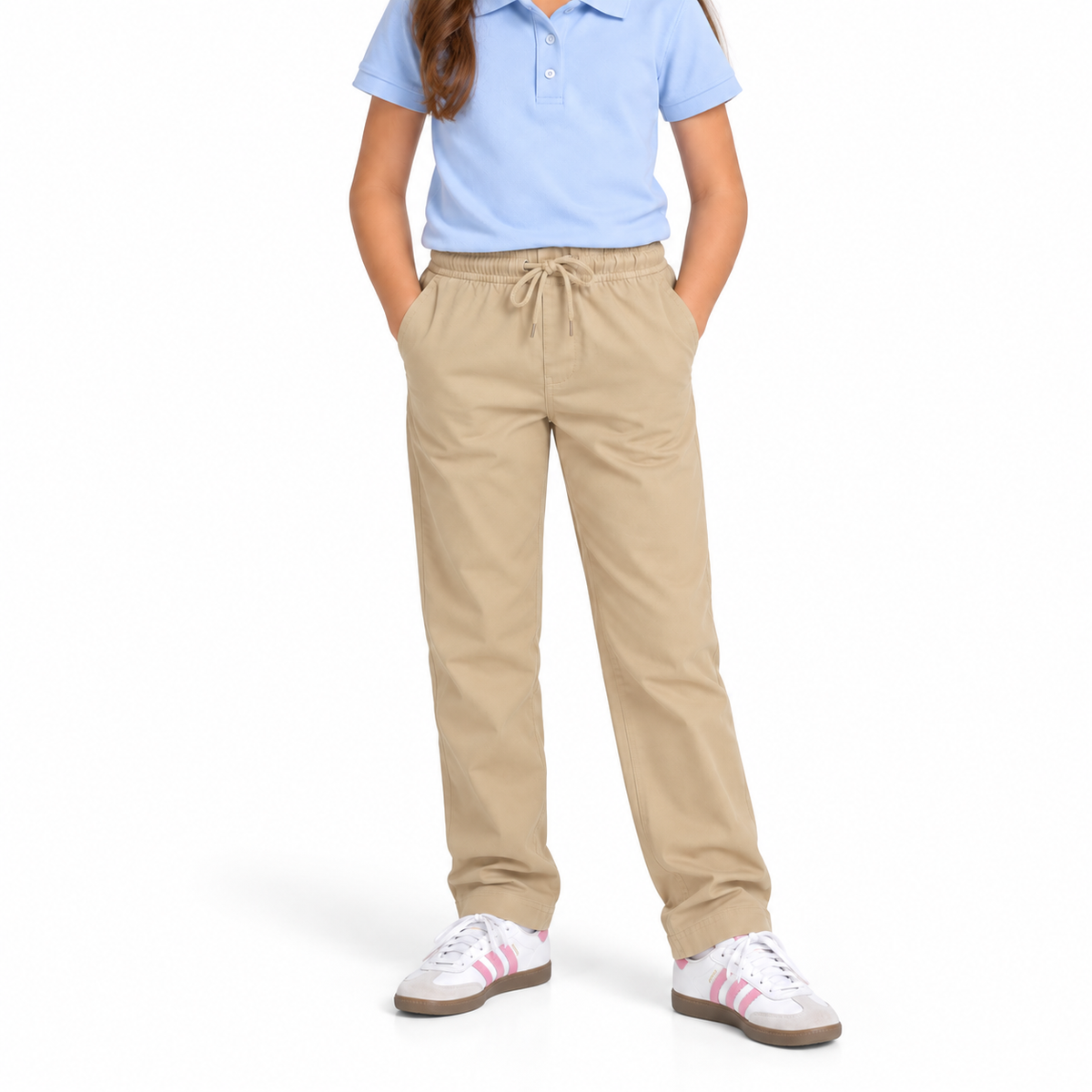 Girls Stretch Elastic Waist Pull-On School Pants in Khaki