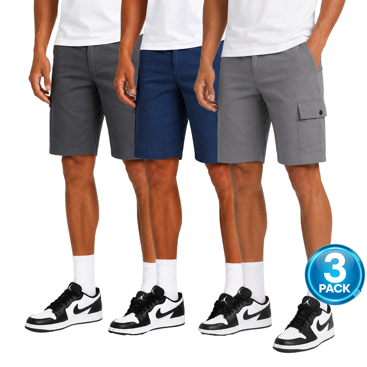 Men's 3-Pack Stretch Flex Cargo Shorts in Charcoal / Blue / Light Grey