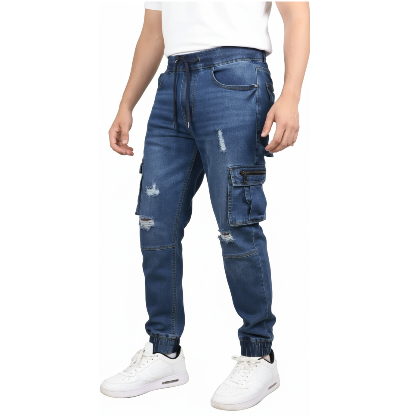 24 Pack Men’s Stretch Drawstring Cargo Jogger Ripped Jeans in Dark Blue