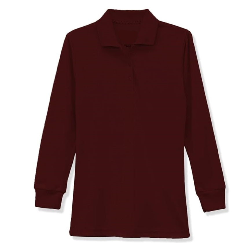 Wholesale Girls Long Sleeve Knit Polo with Picot Collar in Burgundy