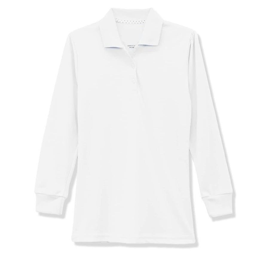 Wholesale Girls Long Sleeve Knit Polo with Picot Collar in White