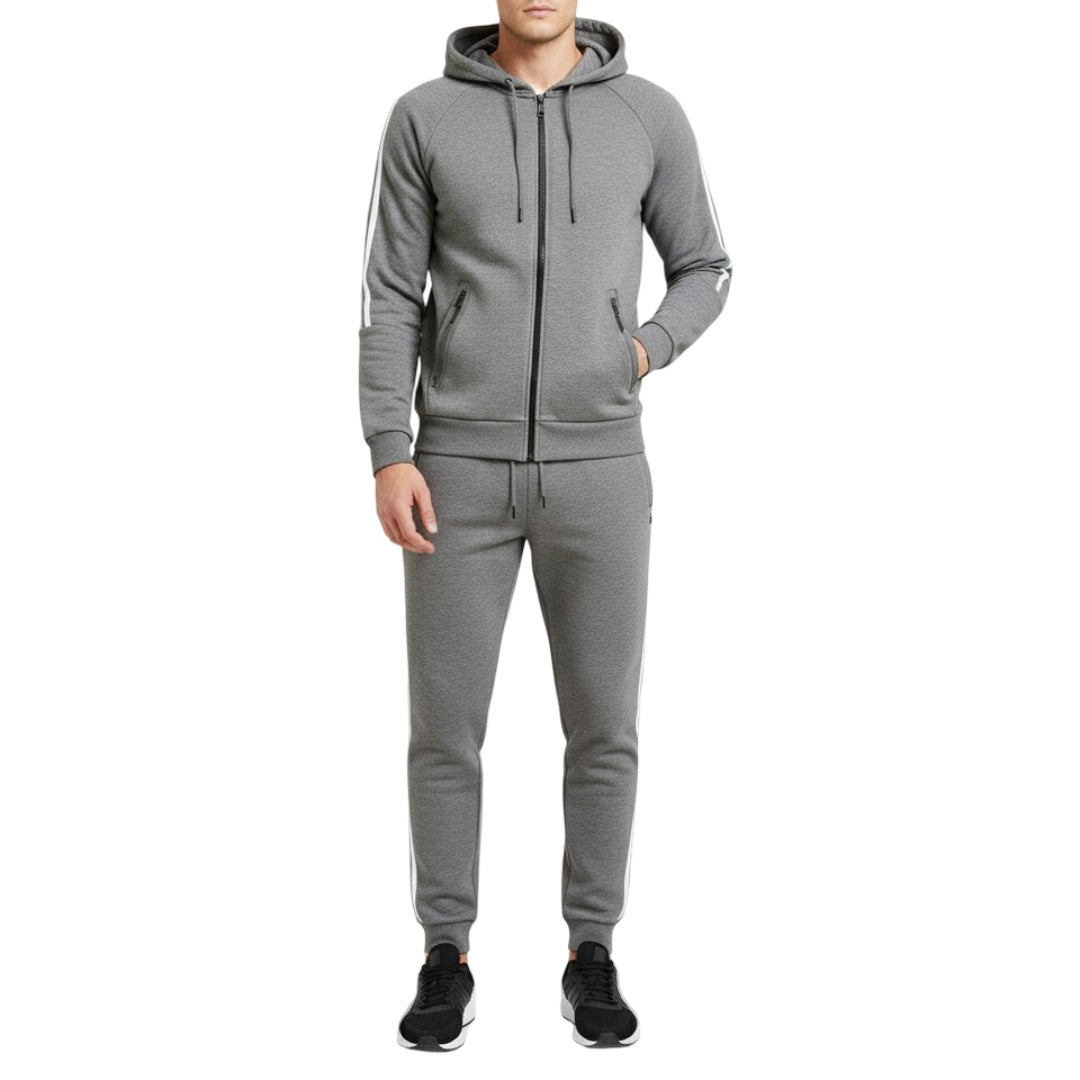 12 Pack Men's Tech Full Zip Hoodie & Jogger Pants Set in Heather Grey