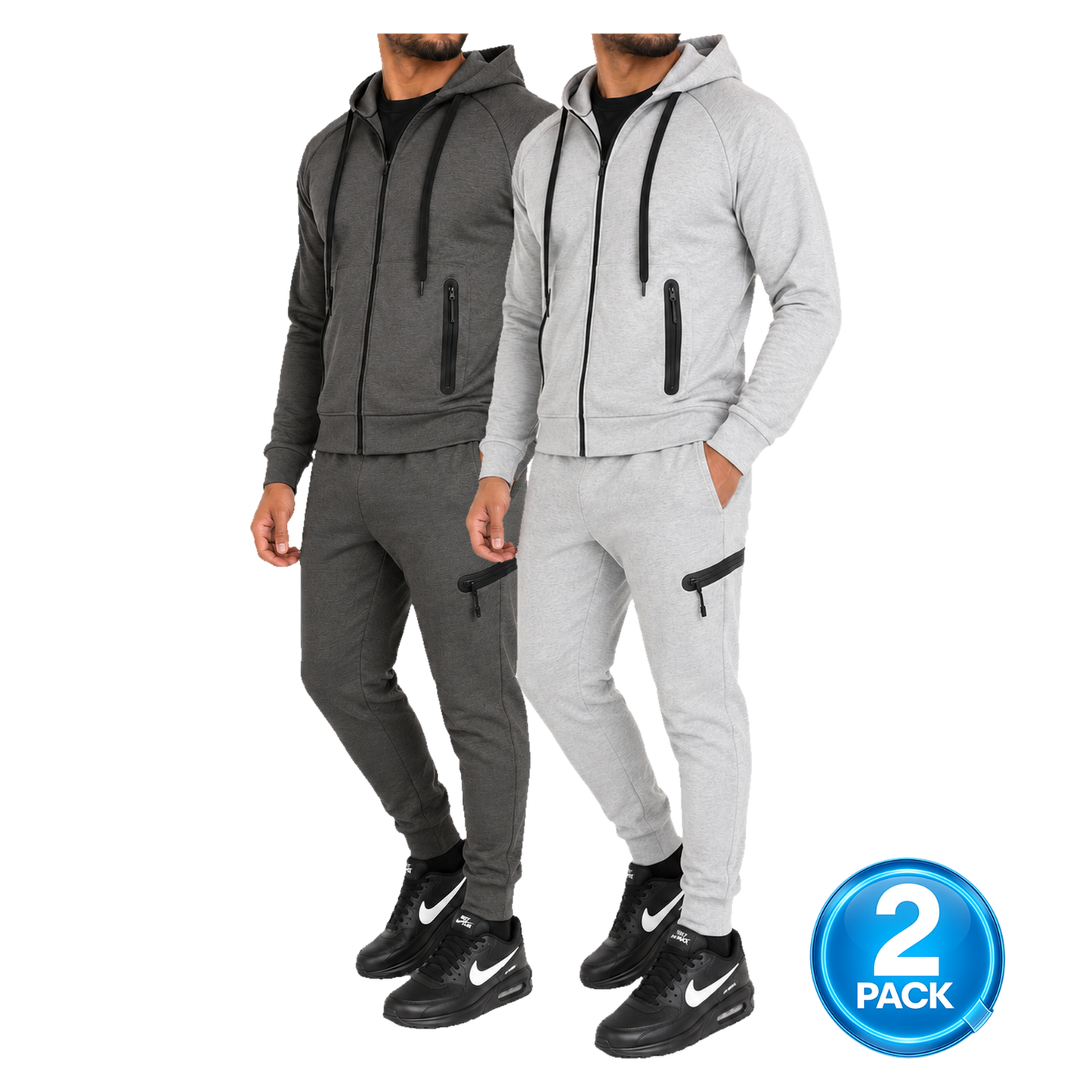 Men's 2 Pack Tech Fleece Zip-Up Hoodie & Jogger 2-Piece Set in Charcoal & Heather Grey