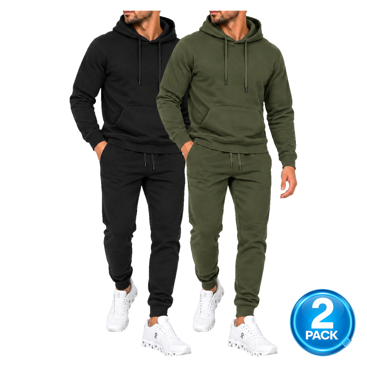 Men's 2-Pack Medium-Weight Soft Fleece Pullover Hoodie & Jogger Set in Black & Olive