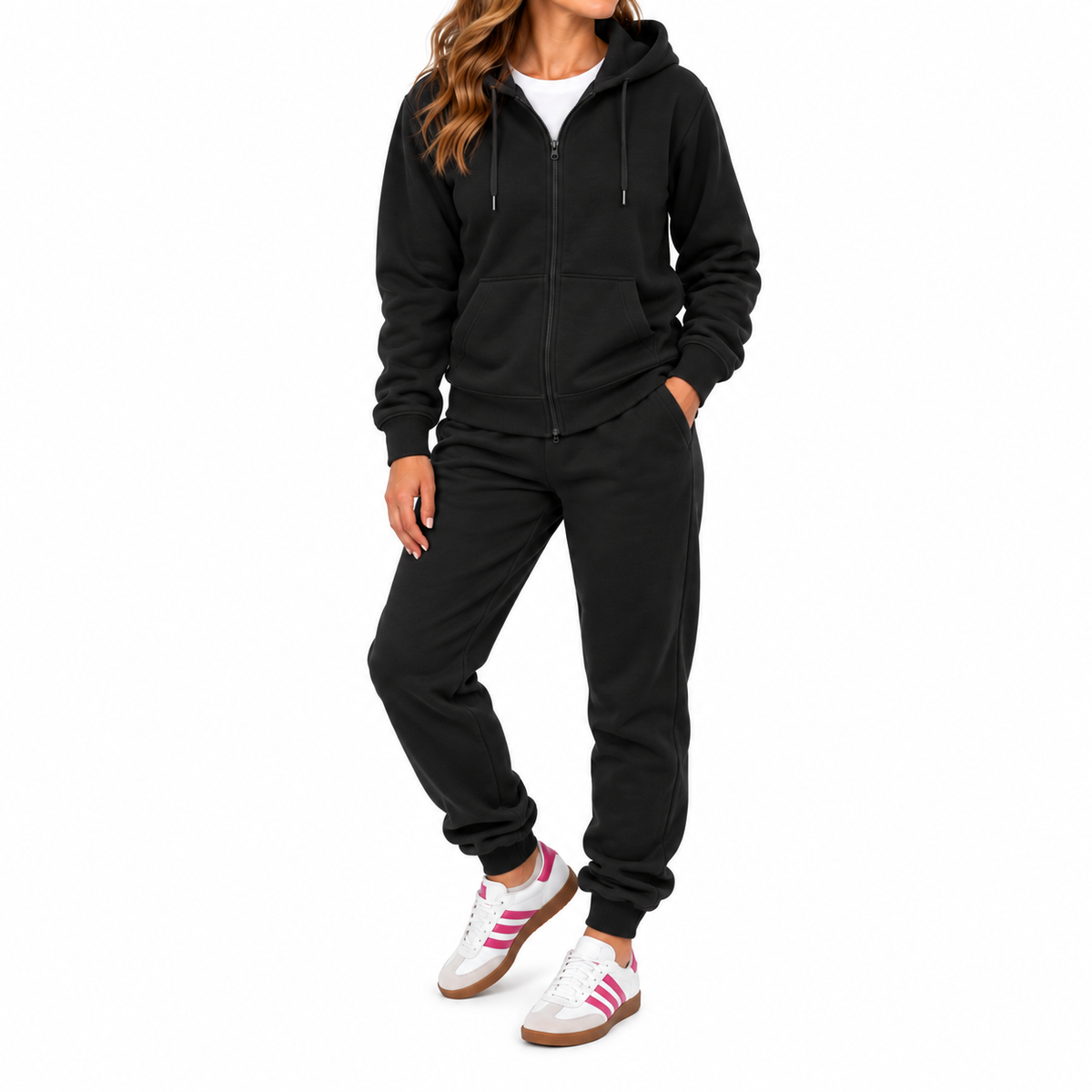Women's French Lightweight Terry Zip-Up Hoodie & Jogger Set in Black