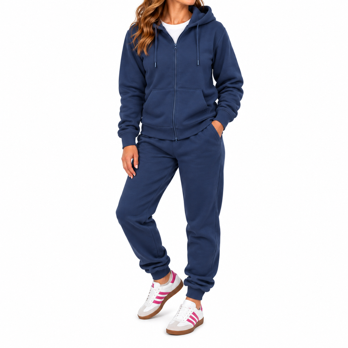 Women's French Lightweight Terry Zip-Up Hoodie & Jogger Set in Navy
