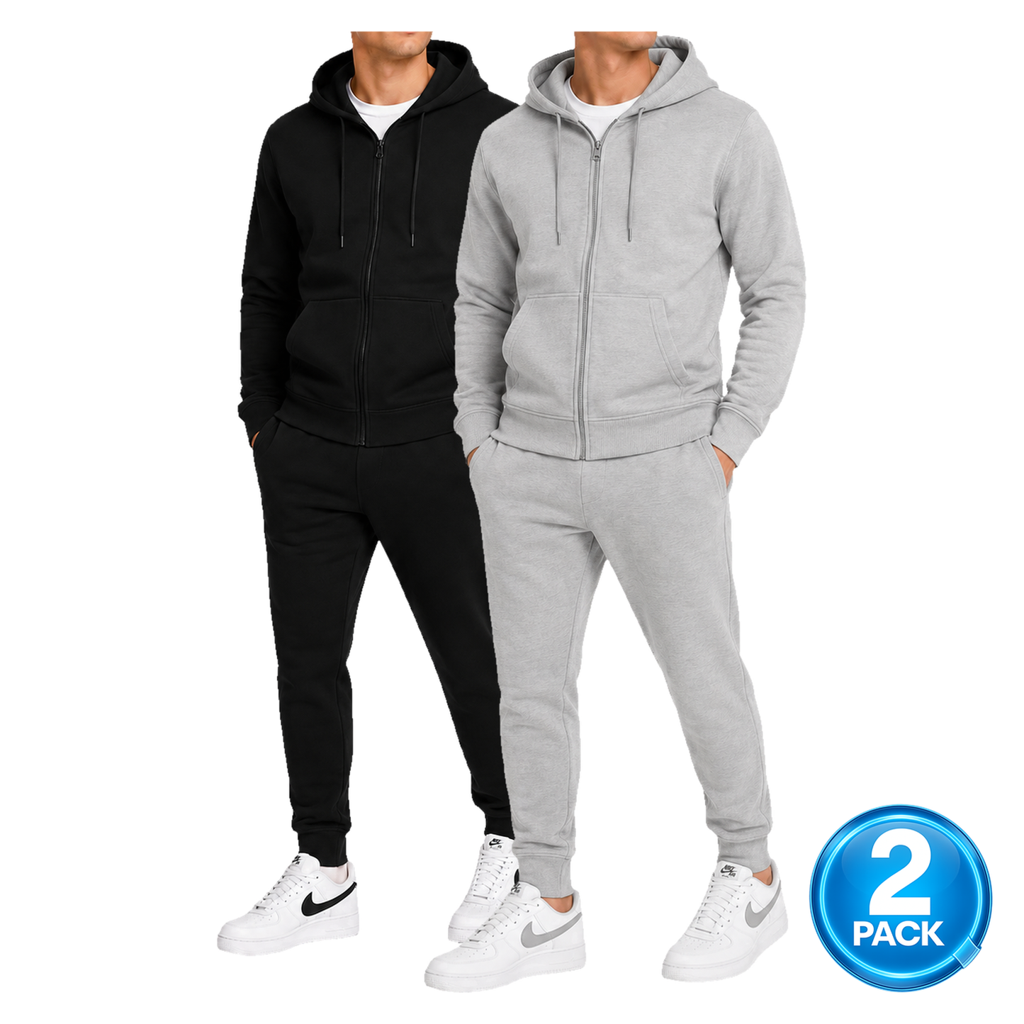 Men's 2 Pack Heavyweight Fleece Zip-Up Hoodie & Jogger 2-Piece Set in Black / Grey