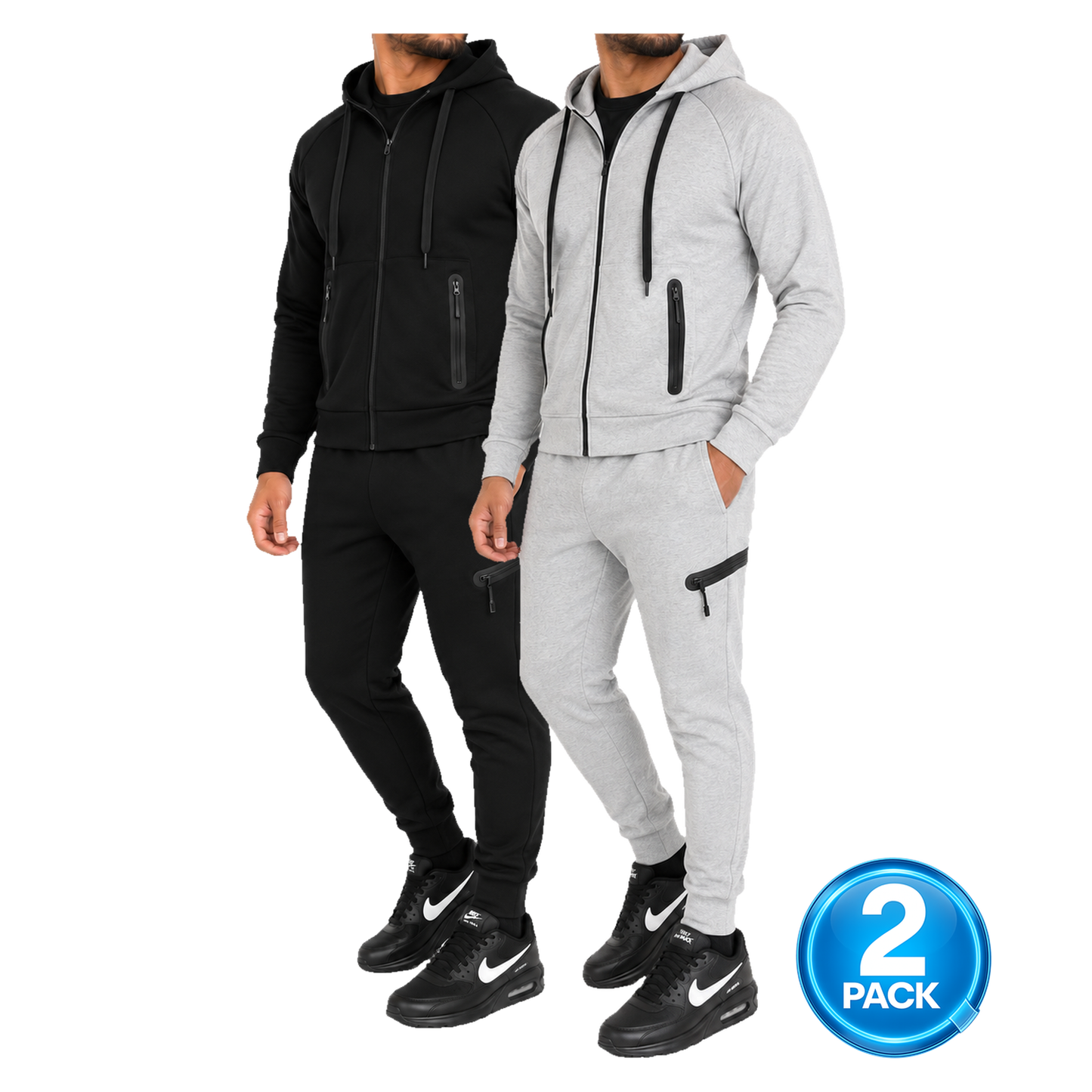 Men's 2 Pack Tech Fleece Zip-Up Hoodie & Jogger 2-Piece Set in Black & Heather Grey