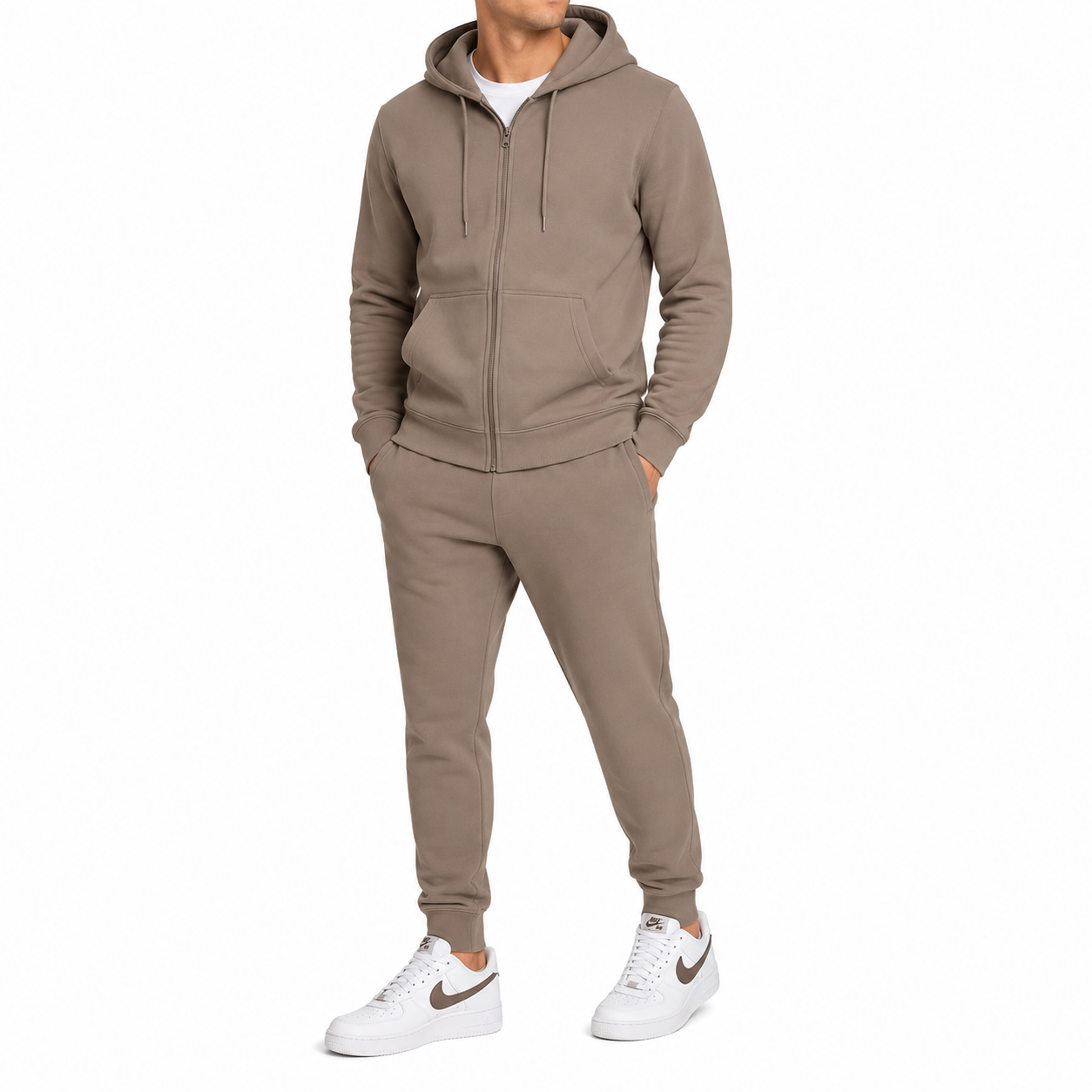 Men's Fleece-Lined Zip-Up Hoodie & Jogger 2-Piece Set in Brown