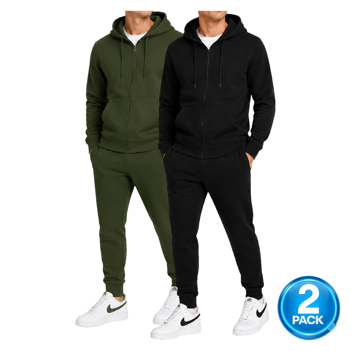 Men's 2 Pack Heavyweight Fleece Zip-Up Hoodie & Jogger 2-Piece Set in Olive / Black