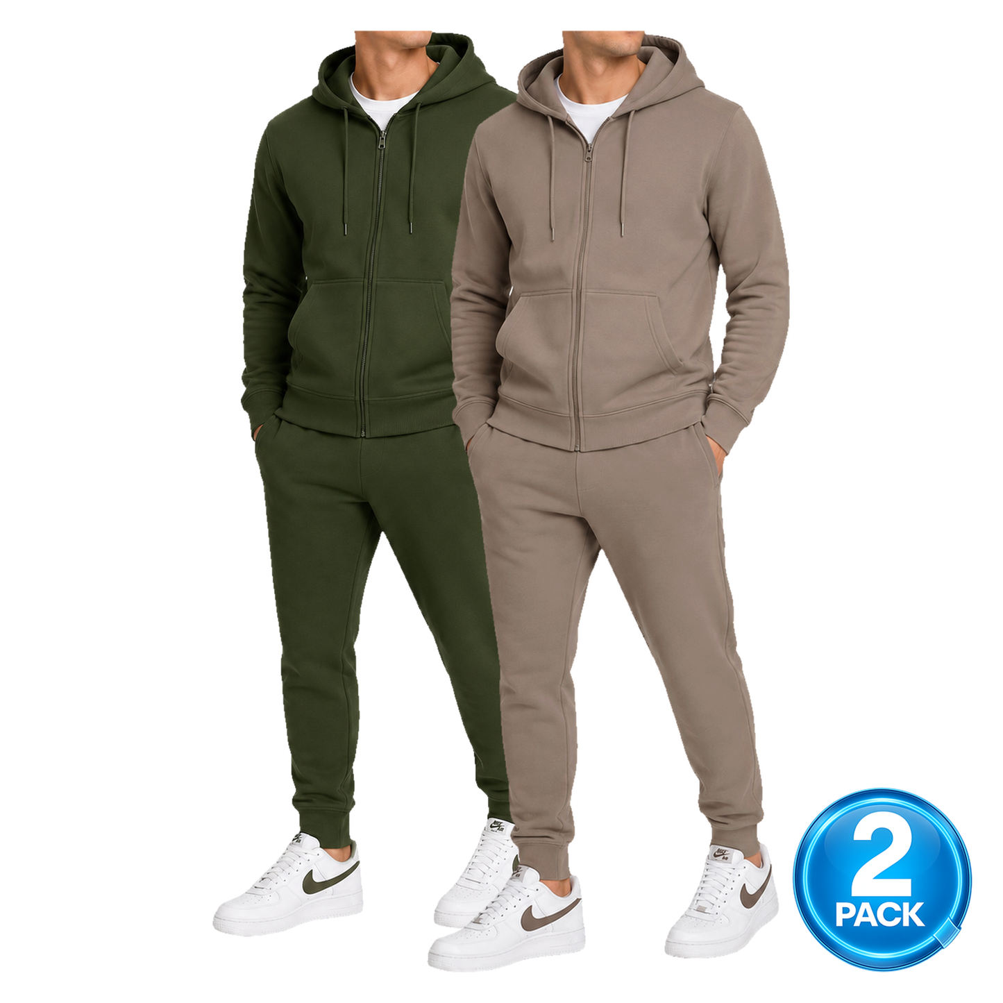 Men's 2 Pack Heavyweight Fleece Zip-Up Hoodie & Jogger 2-Piece Set in Olive / Brown