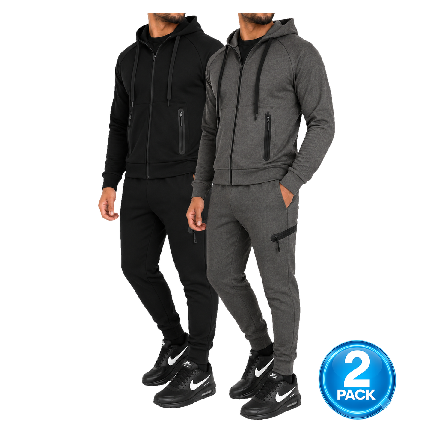 Men's 2 Pack Tech Fleece Zip-Up Hoodie & Jogger 2-Piece Set in Black & Charcoal
