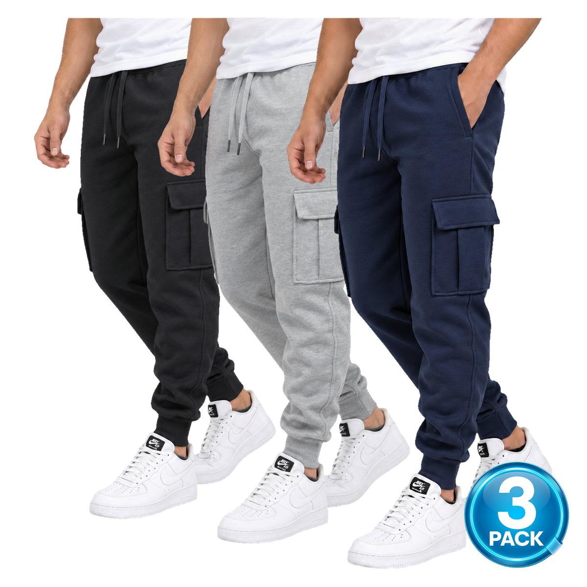 Men's 3-Pack Fleece Lined Cargo Jogger Sweatpants in Black, Heather Grey & Navy