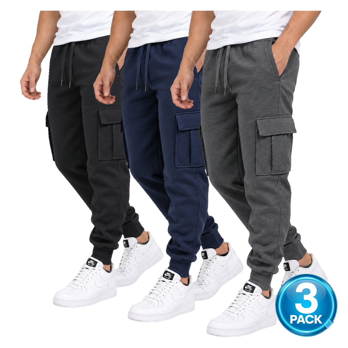 Men's 3-Pack Fleece Lined Cargo Jogger Sweatpants in Black, Navy & Charcoal