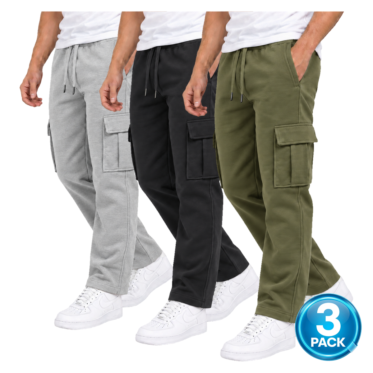 Men's 3 Pack Fleece Cargo Open Bottom Sweatpants in Heather Grey, Black & Olive