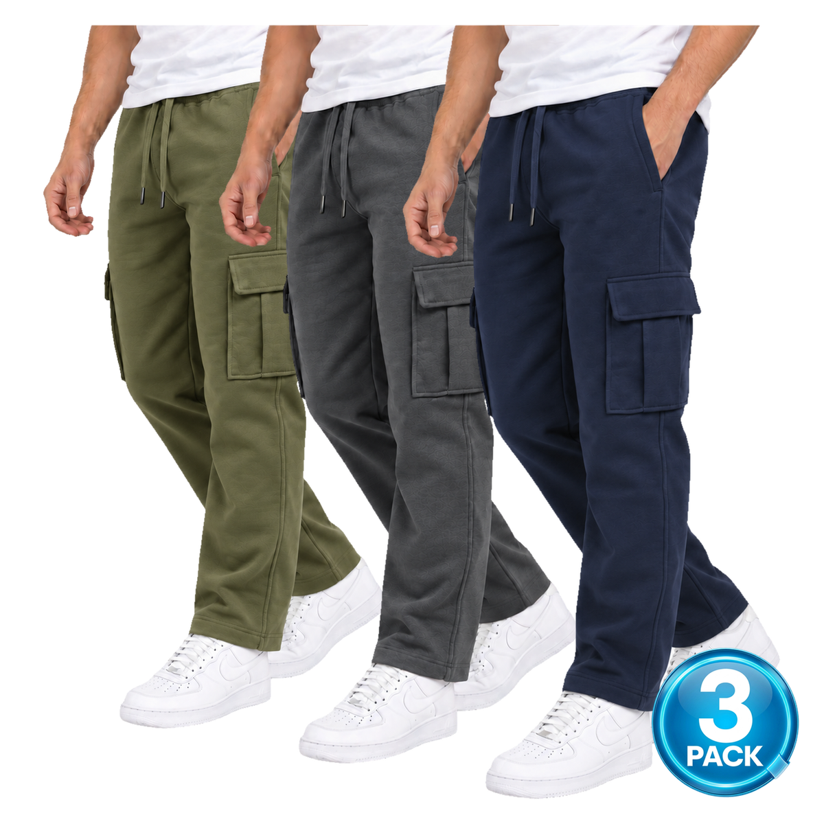 Men's 3 Pack Fleece Cargo Open Bottom Sweatpants in Olive, Charcoal & Navy