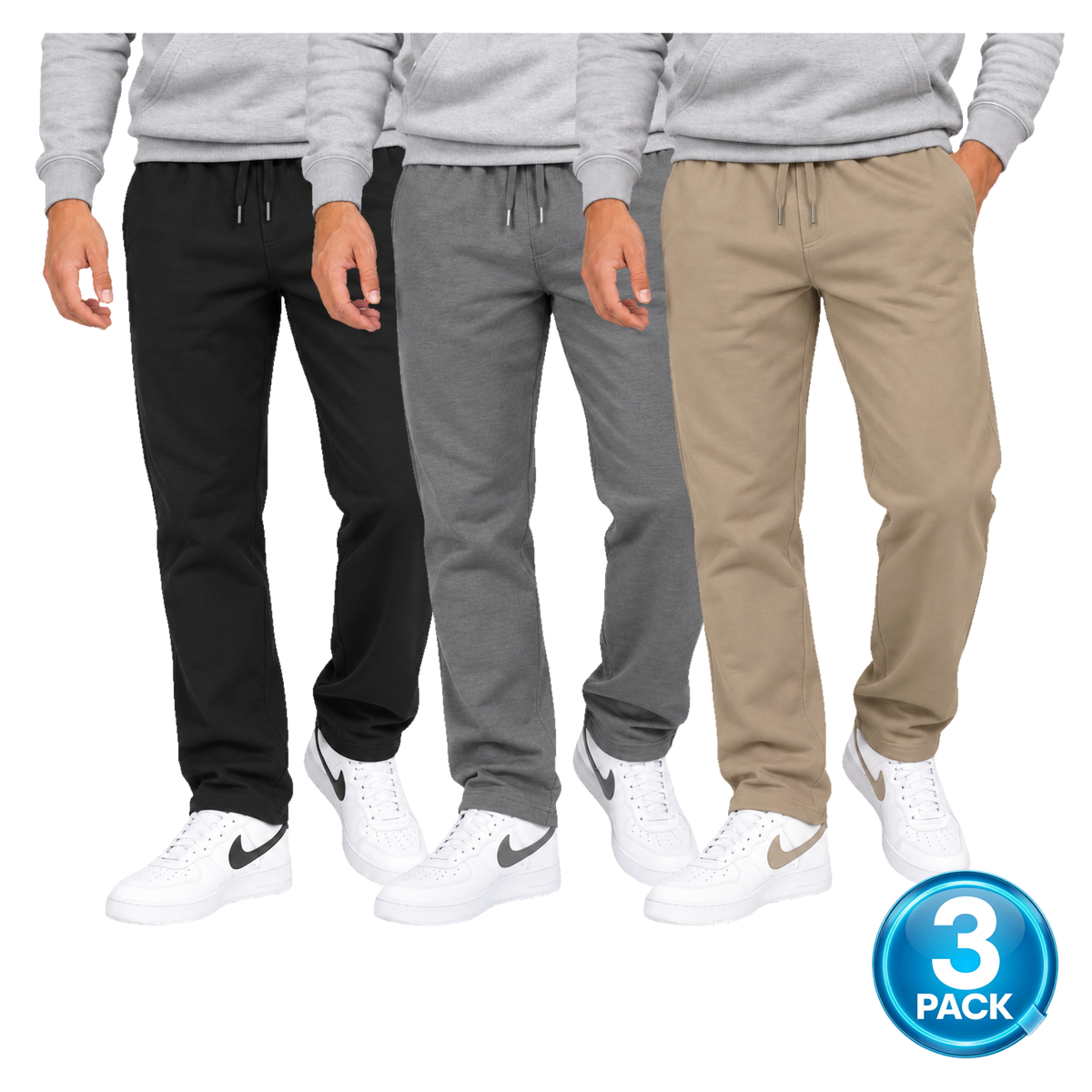 Men's 3 Pack Lightweight Open Bottom Sweatpants in Black, Dark Grey & Khaki