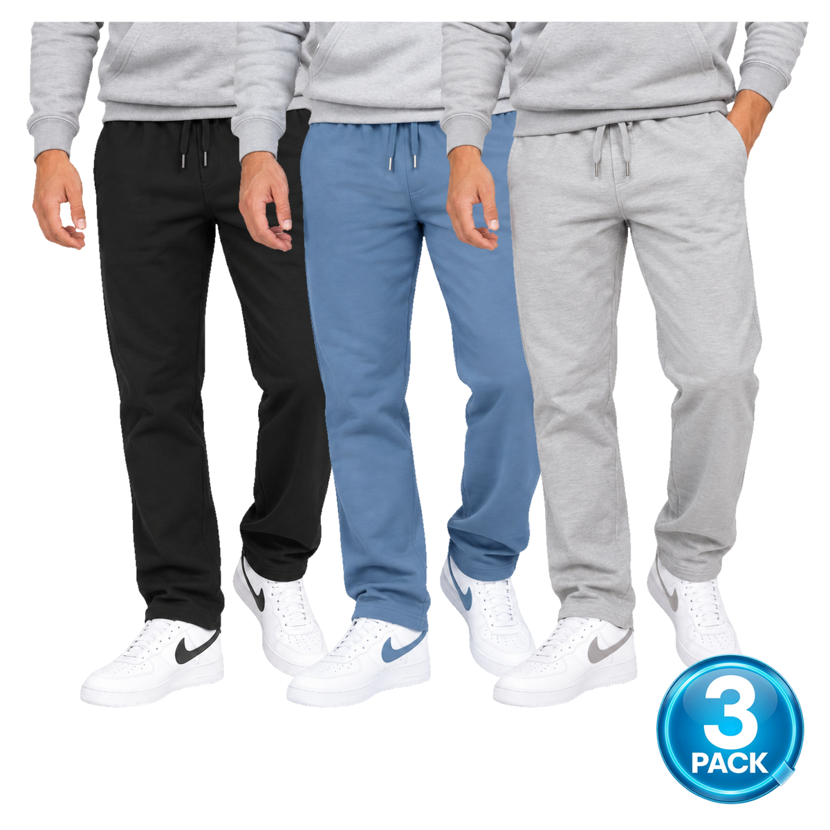 Men's 3 Pack Lightweight Open Bottom Sweatpants in Black, Sea Blue & Heather Grey