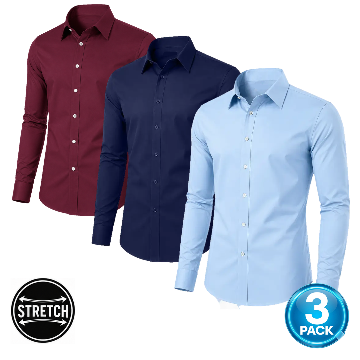 Men's 3-Pack Long Sleeve Stretch Dress Shirt in Navy, Light Blue & Burgundy