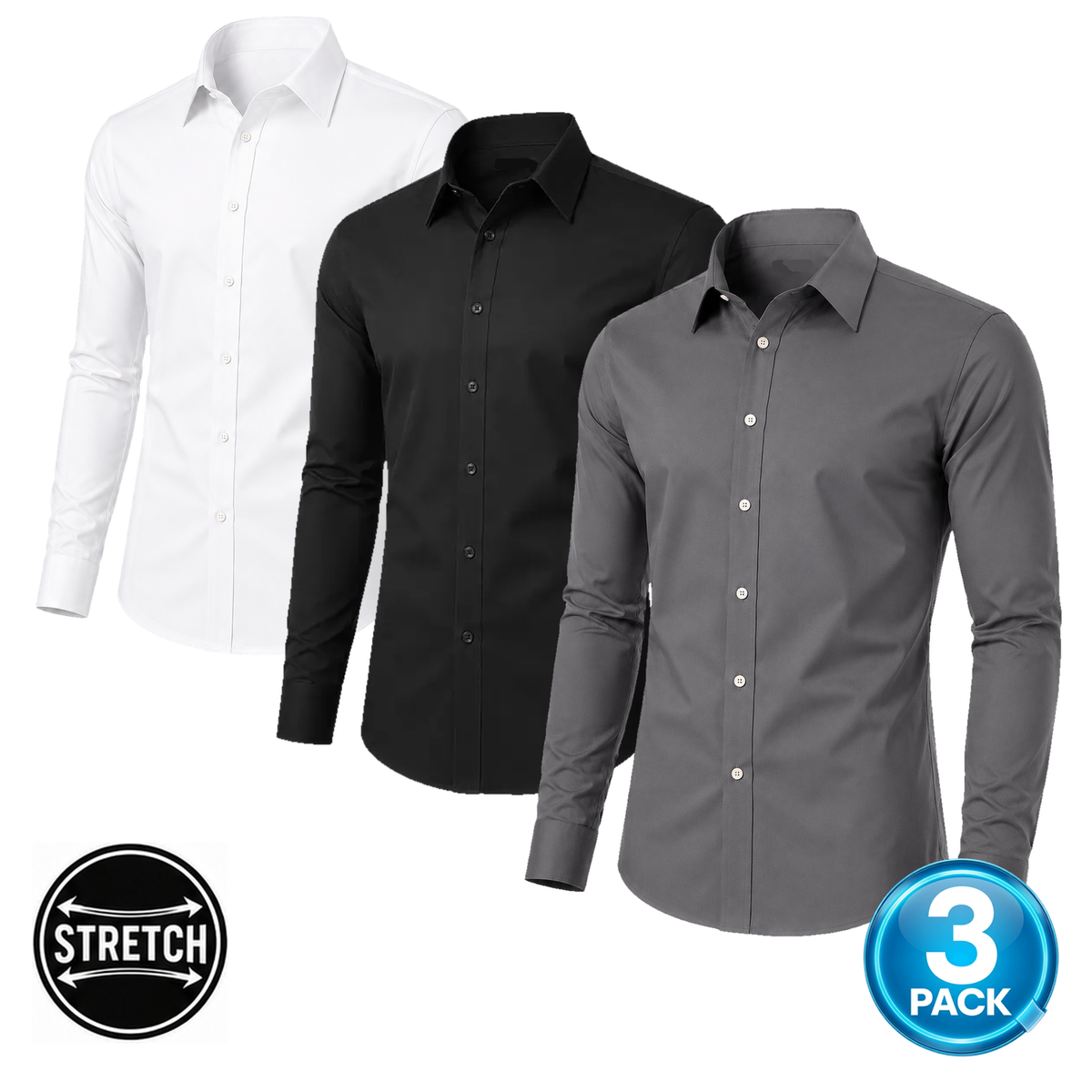 Men's 3-Pack Long Sleeve Stretch Dress Shirt in White, Black & Grey