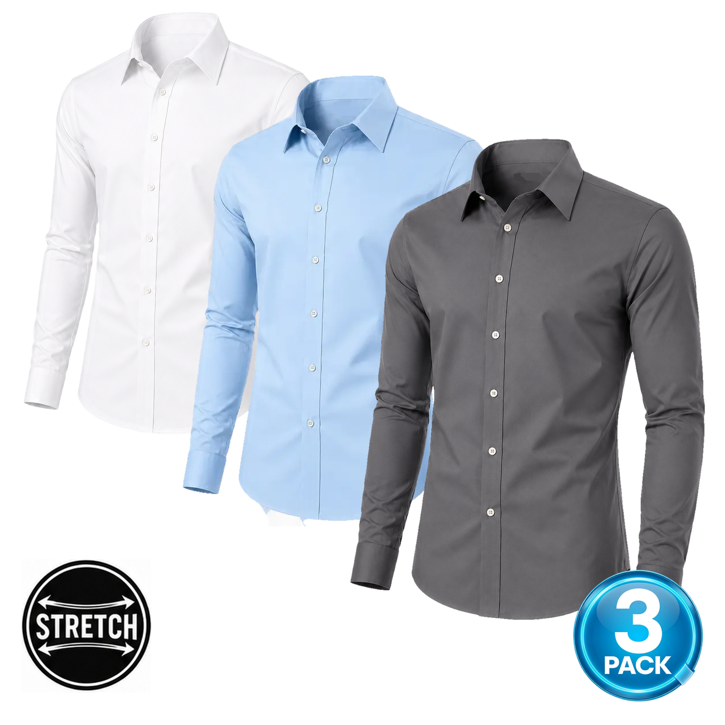 Men's 3-Pack Long Sleeve Stretch Dress Shirt in White, Light Blue & Grey