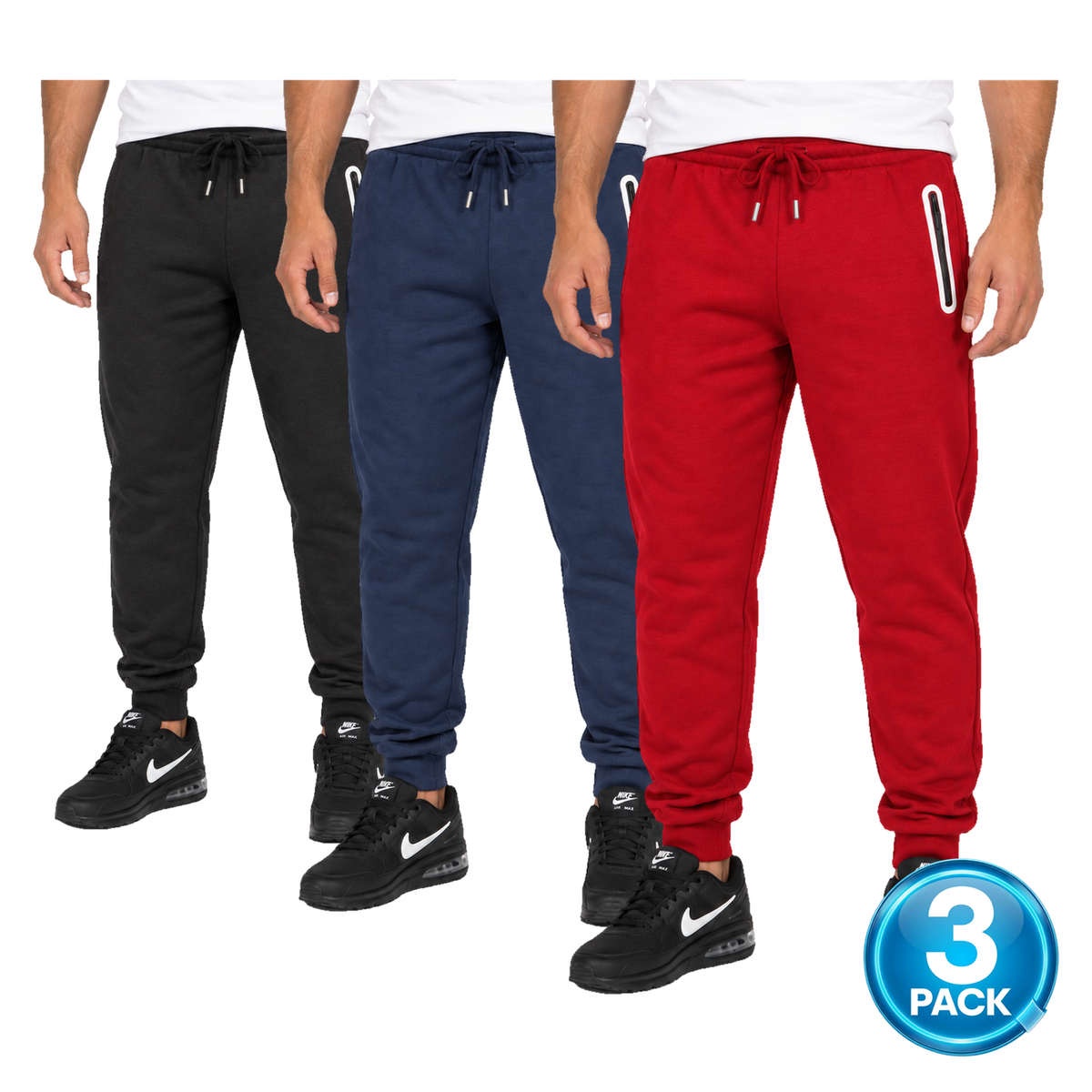 Men's 3 Pack Fleece-Lined Jogger With Heat Seal Zipper Side Pockets in Navy, Black & Red