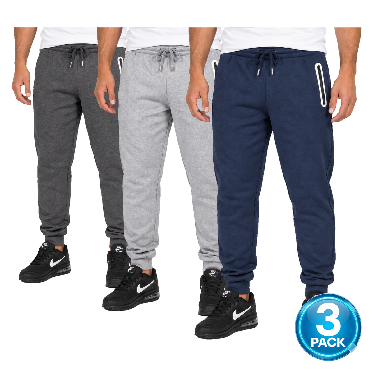 Men's 3 Pack Fleece-Lined Jogger With Heat Seal Zipper Side Pockets in Navy, Charcoal & Heather Grey