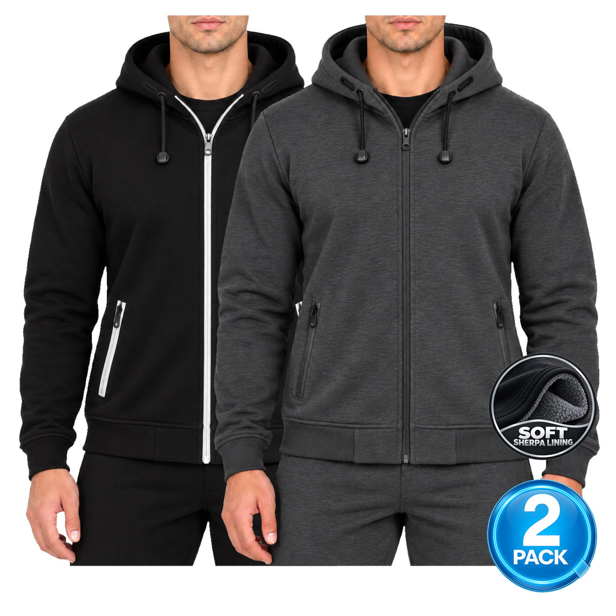 Men's 2-Pack Heavyweight Sherpa Fleece-Lined Zip Up Hoodie in Black & Charcoal