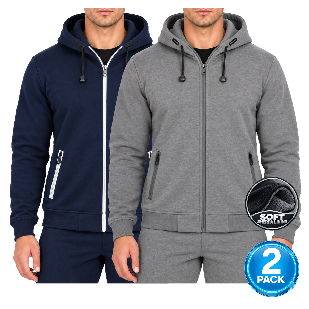 Men's 2-Pack Heavyweight Sherpa Fleece-Lined Zip Up Hoodie in Navy & Heather Grey