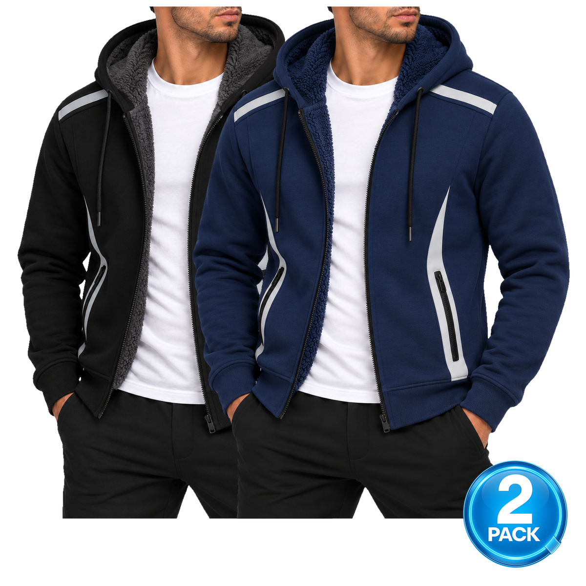 Men's 2-Pack Heavyweight Sherpa Fleece-Lined Tech Zip Up Hoodie in Black & Navy