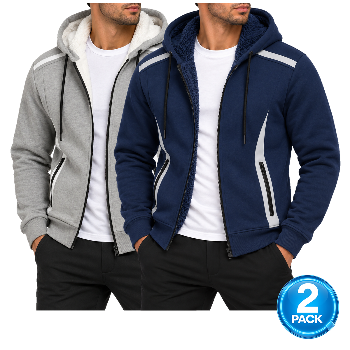 Men's 2-Pack Heavyweight Sherpa Fleece-Lined Tech Zip Up Hoodie in Heather Grey & Navy