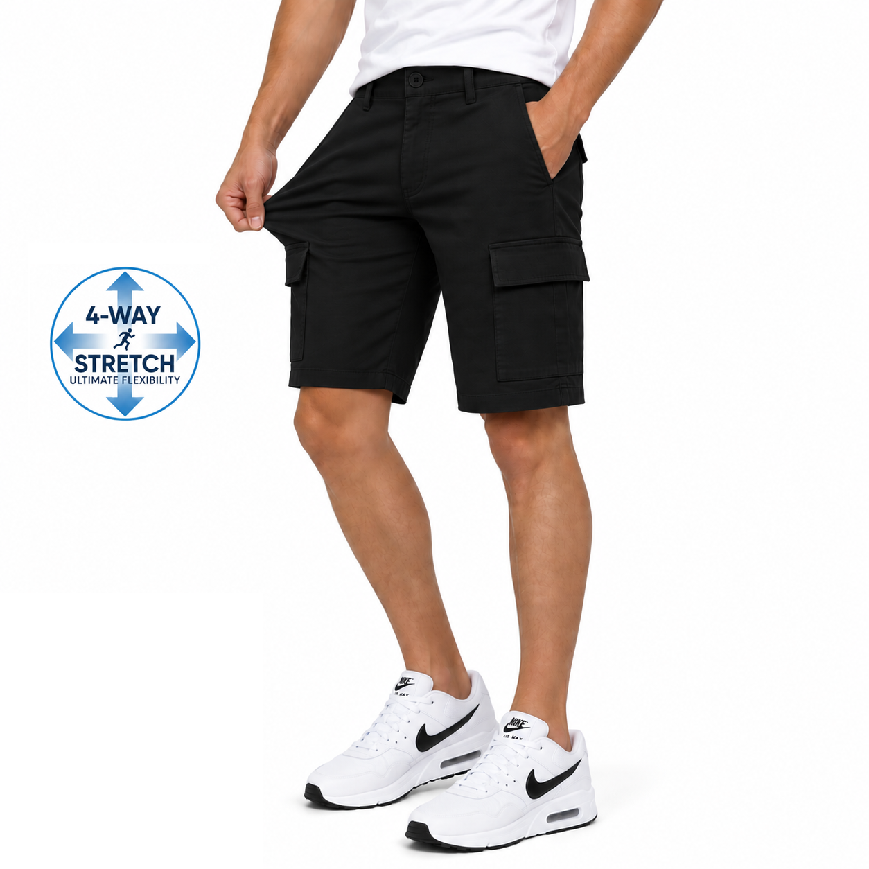 Men's Super Stretch Cargo Shorts with Zipper Pockets in Black
