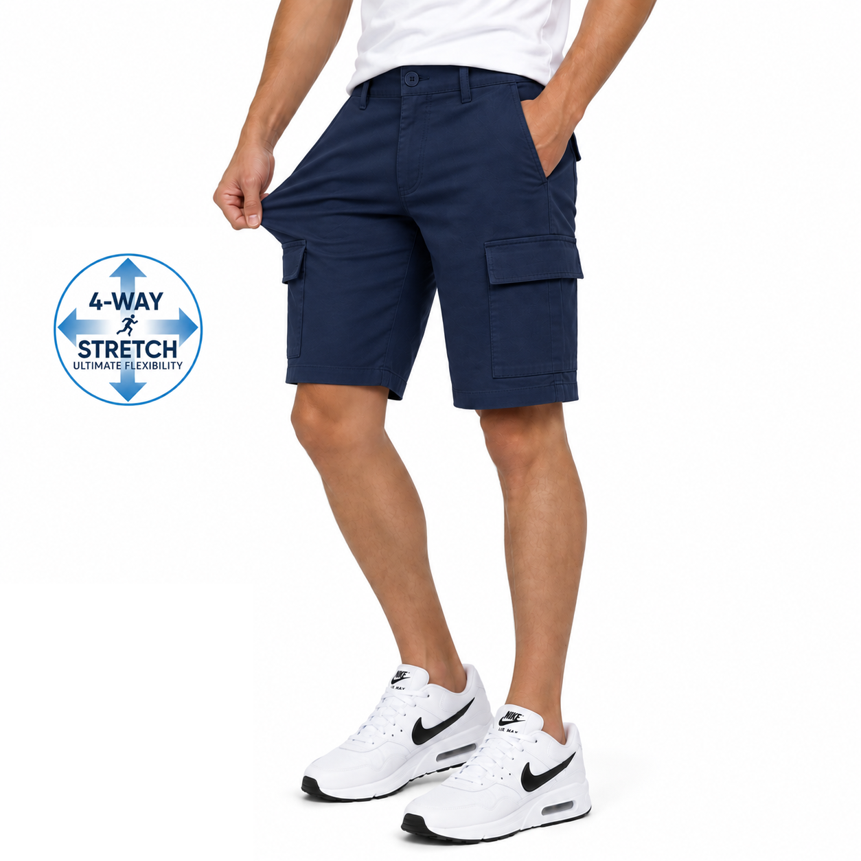 Men's Super Stretch Cargo Shorts with Zipper Pockets in Navy