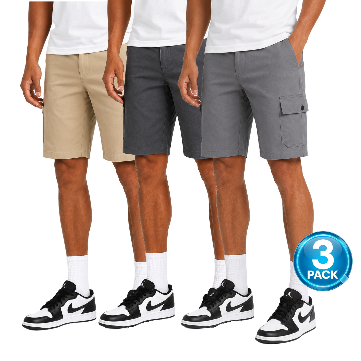 Men's 3-Pack Stretch Flex Cargo Shorts in Khaki / Charcoal / Light Grey
