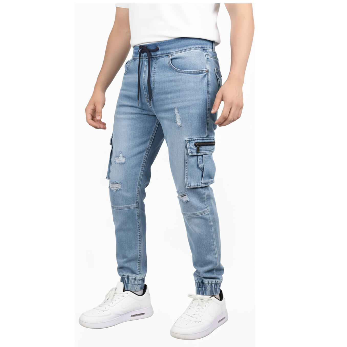 24 Pack Men’s Stretch Drawstring Cargo Jogger Ripped Jeans in Blue