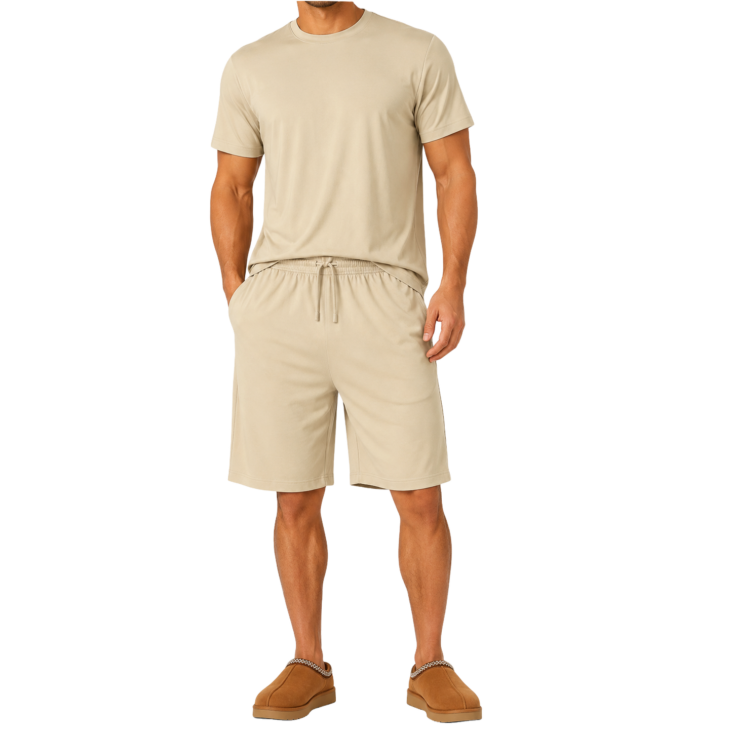 Men's Classic Poly Tech Short Sleeve Crew Neck Tees & Lounge Shorts Set in Khaki