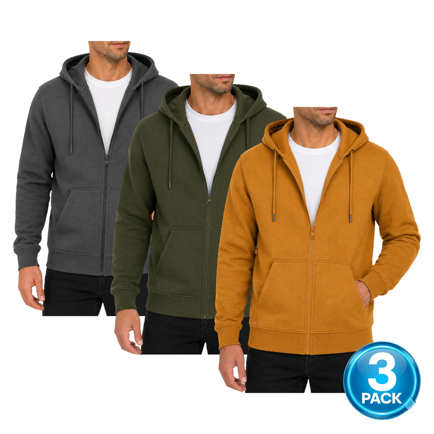Men's 3-Pack Fleece-Lined Premium Full Zip Hoodie in Charcoal, Olive & Bronze