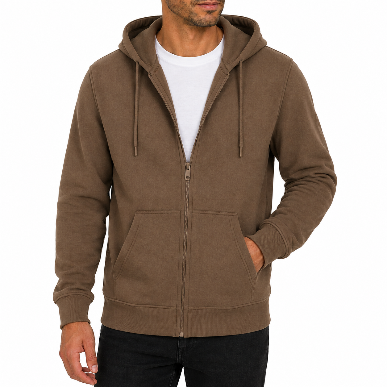 Men's Fleece-Lined Premium Full Zip Hoodie in Light Brown