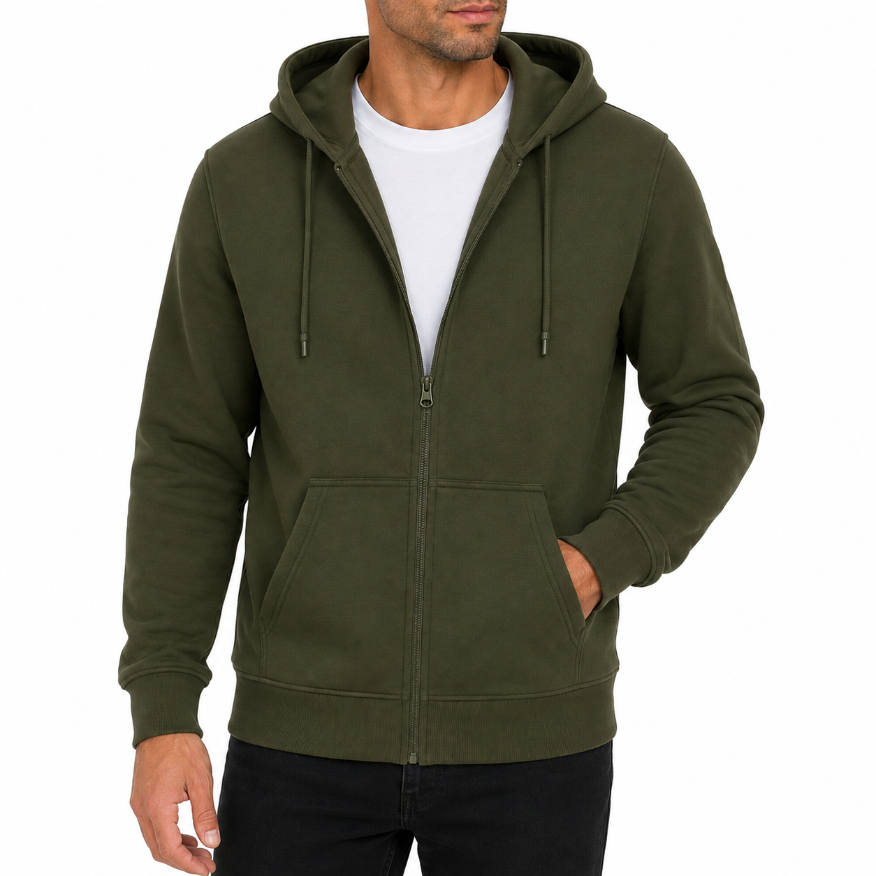 Men's Fleece-Lined Premium Full Zip Hoodie in Olive