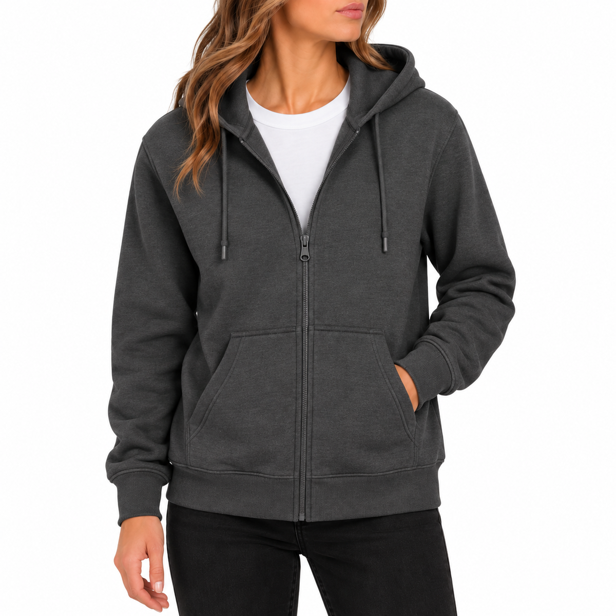 Women's Fleece-Lined Premium Full Zip Hoodie in Charcoal