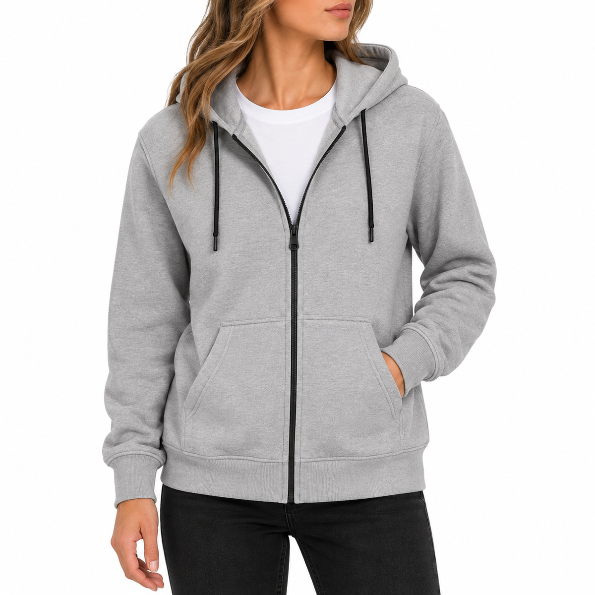 Women's Fleece-Lined Premium Full Zip Hoodie in Heather Grey