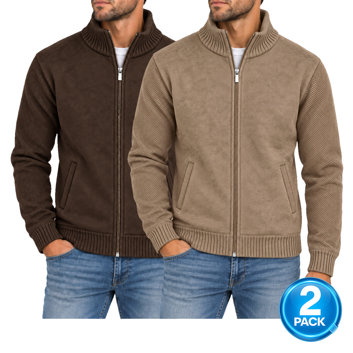 Men's 2-Pack Fleece Lined Full Zip Knit Brown & Camel