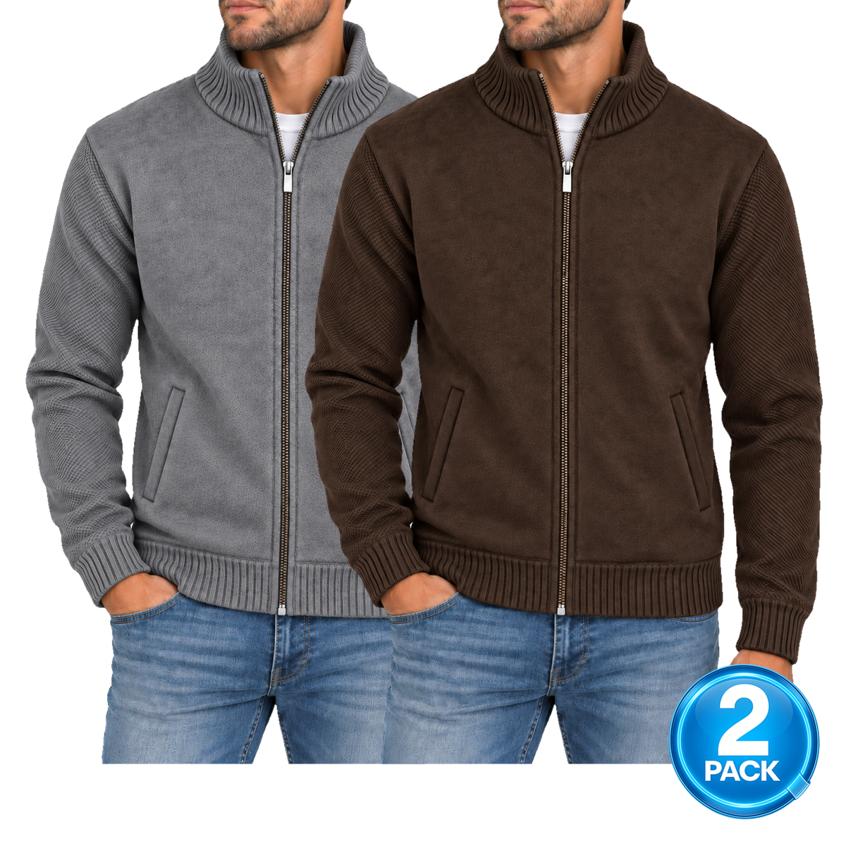 Men's 2-Pack Fleece Lined Full Zip Knit Brown & Grey