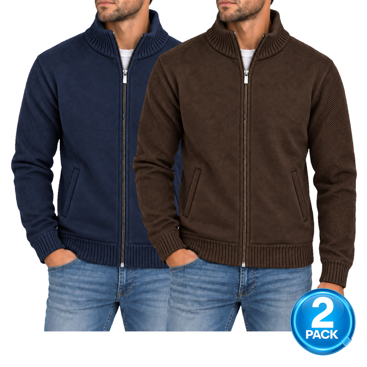 Men's 2-Pack Fleece Lined Full Zip Knit Navy & Brown