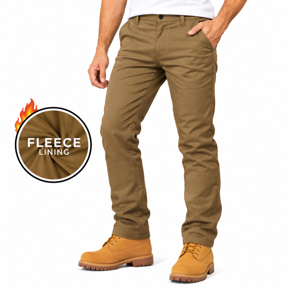 Men's Heavyweight Fleece-Lined Stretch Chino Uniform Work Pants in Timber