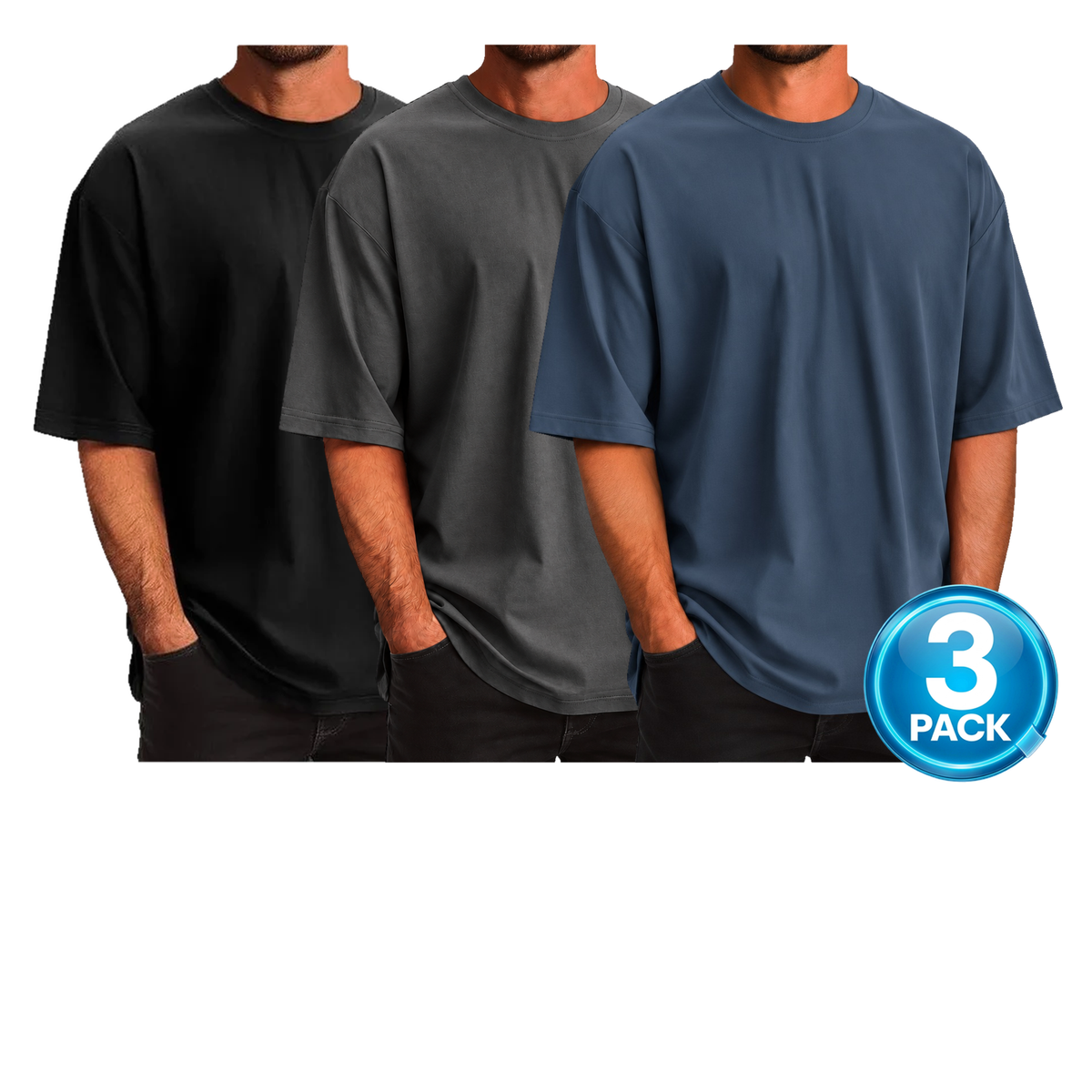 Men's 3-Pack Oversized 100% Cotton Drop T-Shirt in Black, Dark Grey & Blue