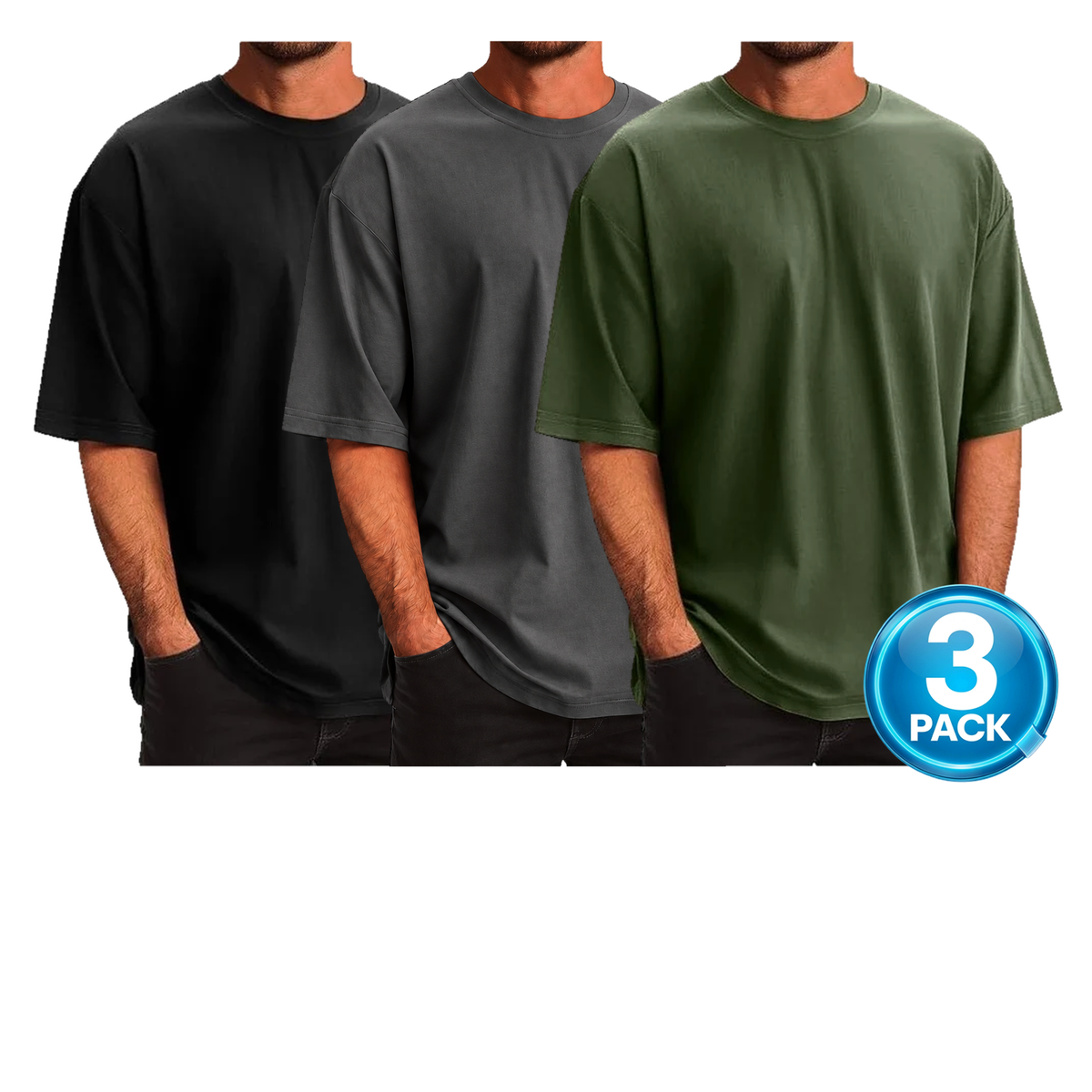 Men's 3-Pack Oversized 100% Cotton Drop T-Shirt in Black, Dark Grey & Olive