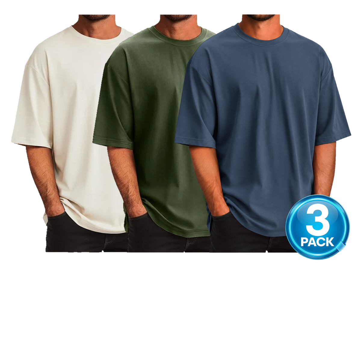 Men's 3-Pack Oversized 100% Cotton Drop T-Shirt in Ivory, Olive & Blue