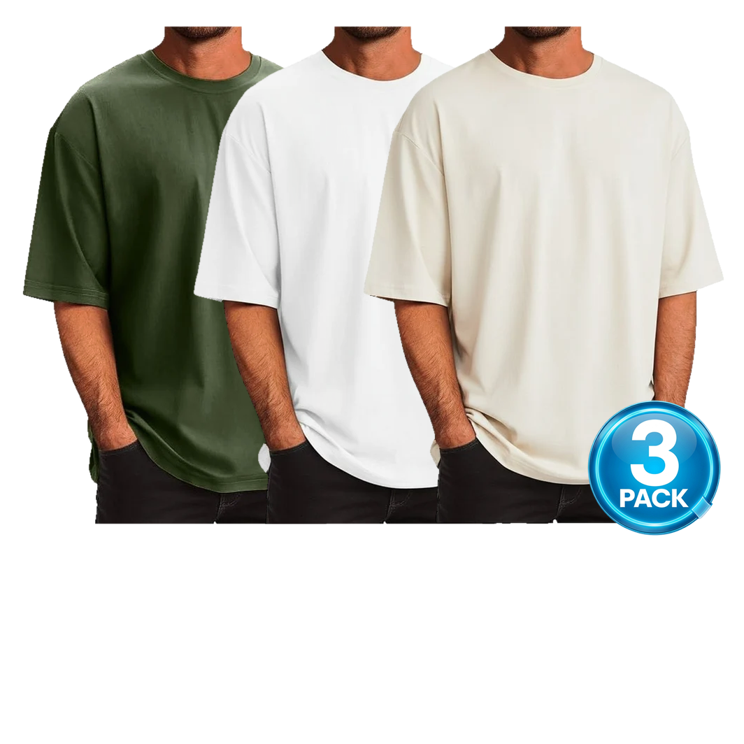 Men's 3-Pack Oversized 100% Cotton Drop T-Shirt in Olive, White & Ivory
