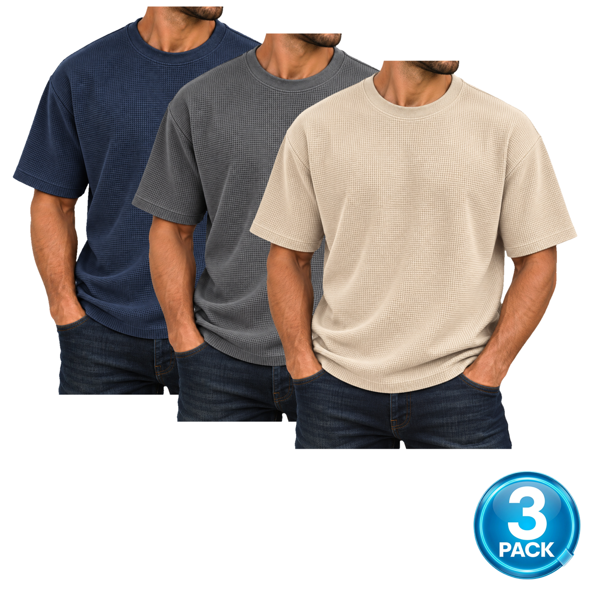 Men's 3 Pack Heavyweight Micro Waffle Knit Drop Shoulder Short Sleeve Tee in Navy, Dark Grey & Sand